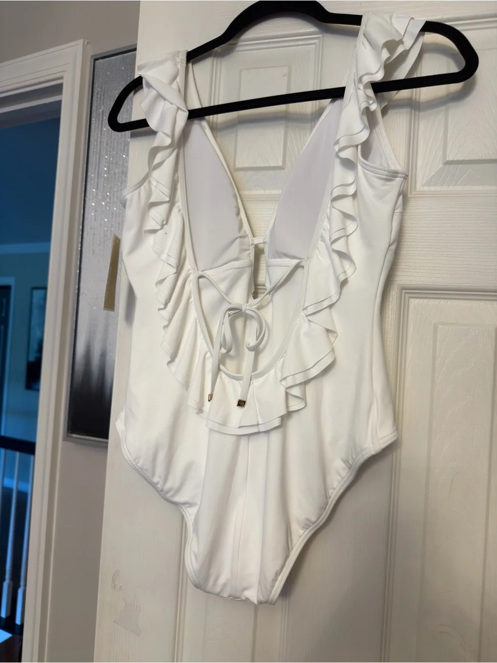 Michael Kors White Ruffle V-Neck One-Piece Swim Bodysuit